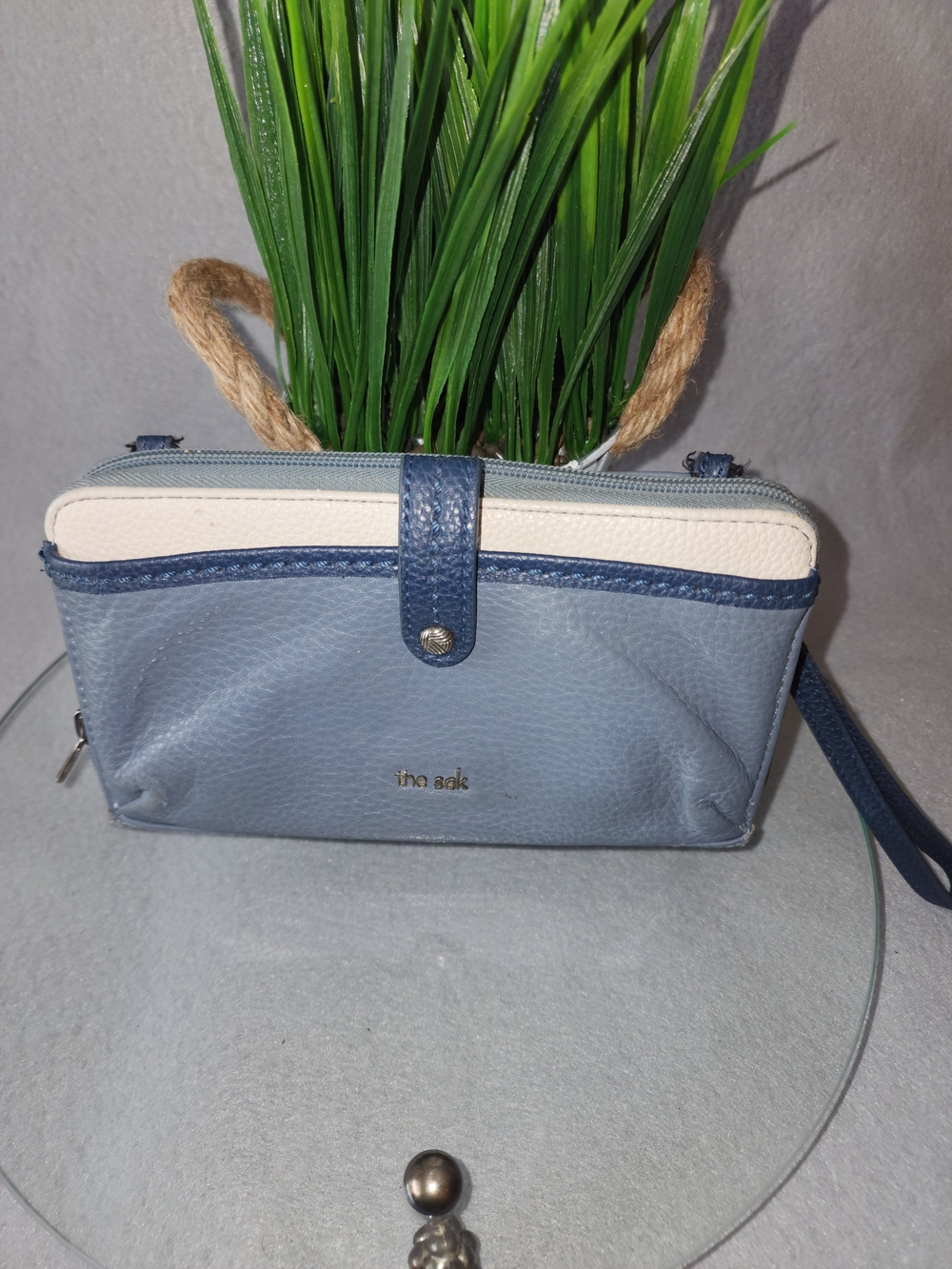 The Sak Blue and Cream Pebbled Crossbody Smartphone Wristlet